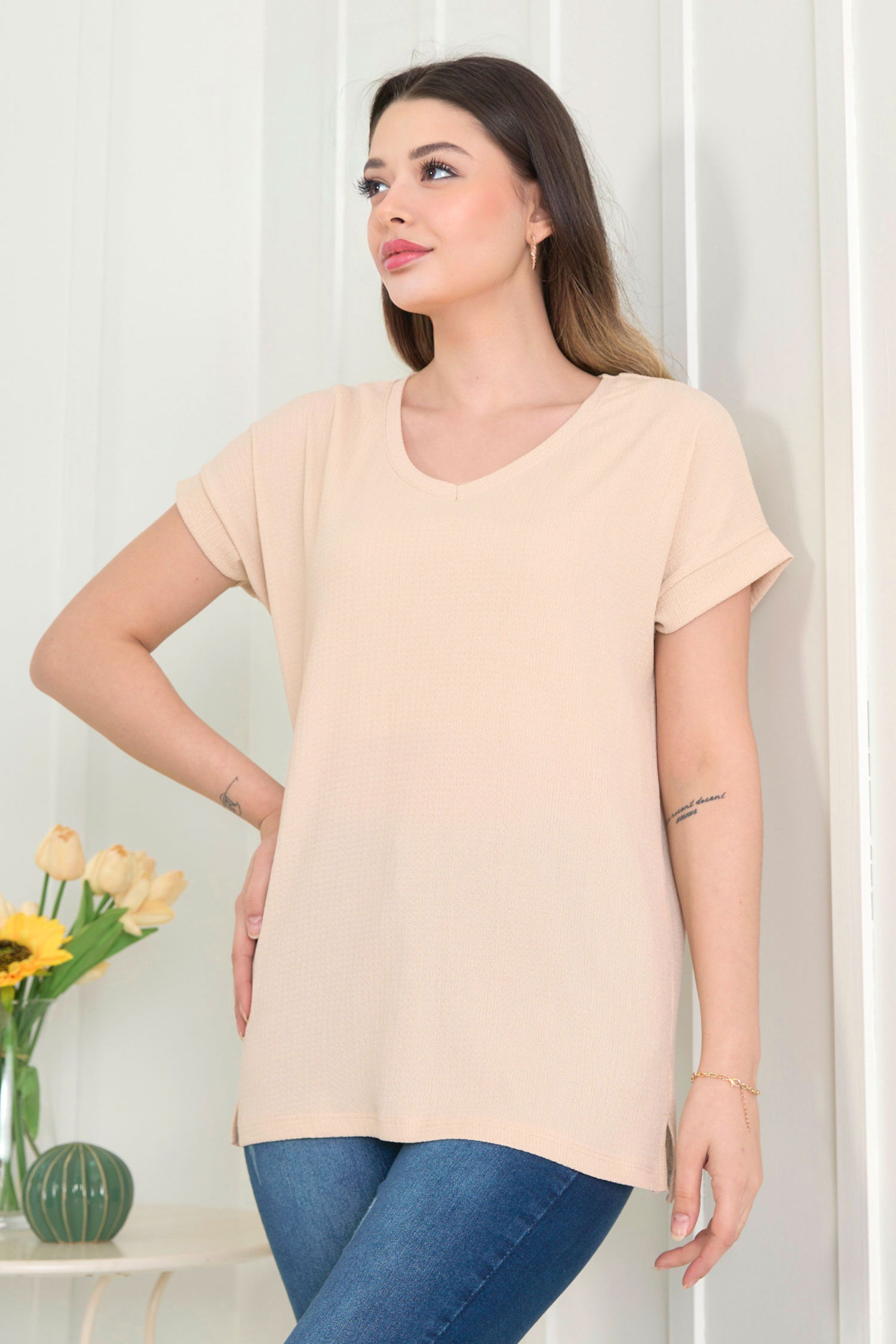 Düz Orta Kadın Bej Bluz - 22529