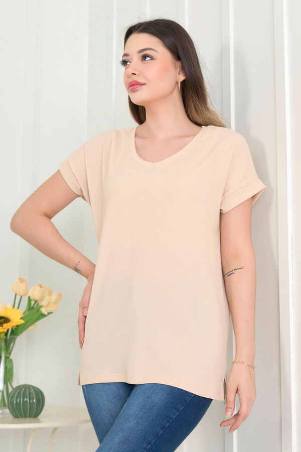Düz Orta Kadın Bej Bluz - 22529