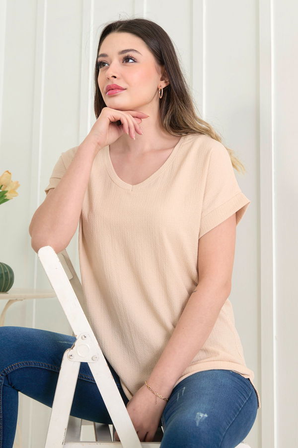 Düz Orta Kadın Bej Bluz - 22529