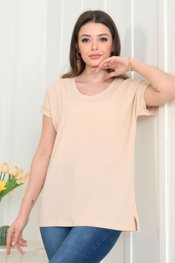 Düz Orta Kadın Bej Bluz - 22529