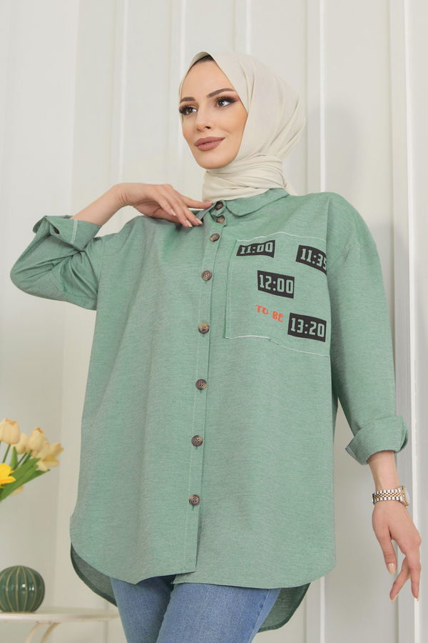 Düz Gömlek Yaka Kadın Haki Gömlek - 11467