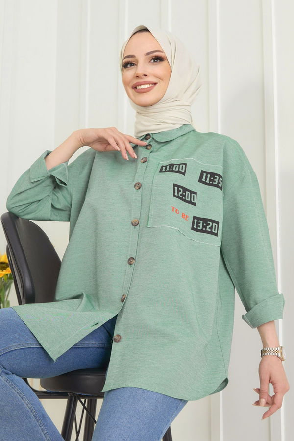 Düz Gömlek Yaka Kadın Haki Gömlek - 11467