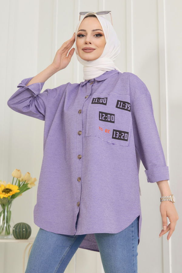 Düz Gömlek Yaka Kadın Lila Gömlek - 11467