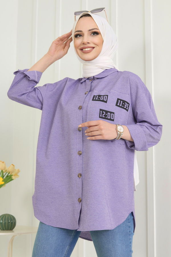 Düz Gömlek Yaka Kadın Lila Gömlek - 11467