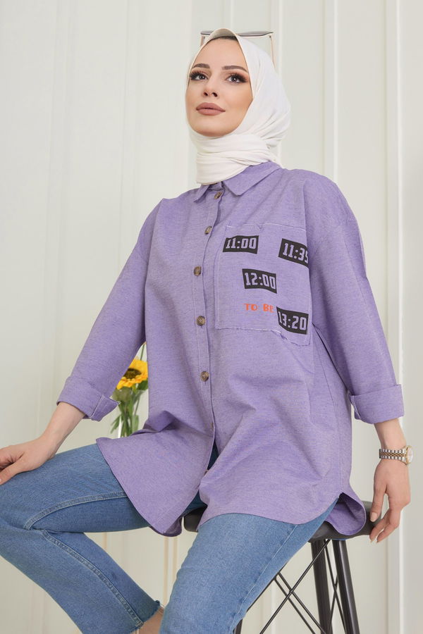 Düz Gömlek Yaka Kadın Lila Gömlek - 11467
