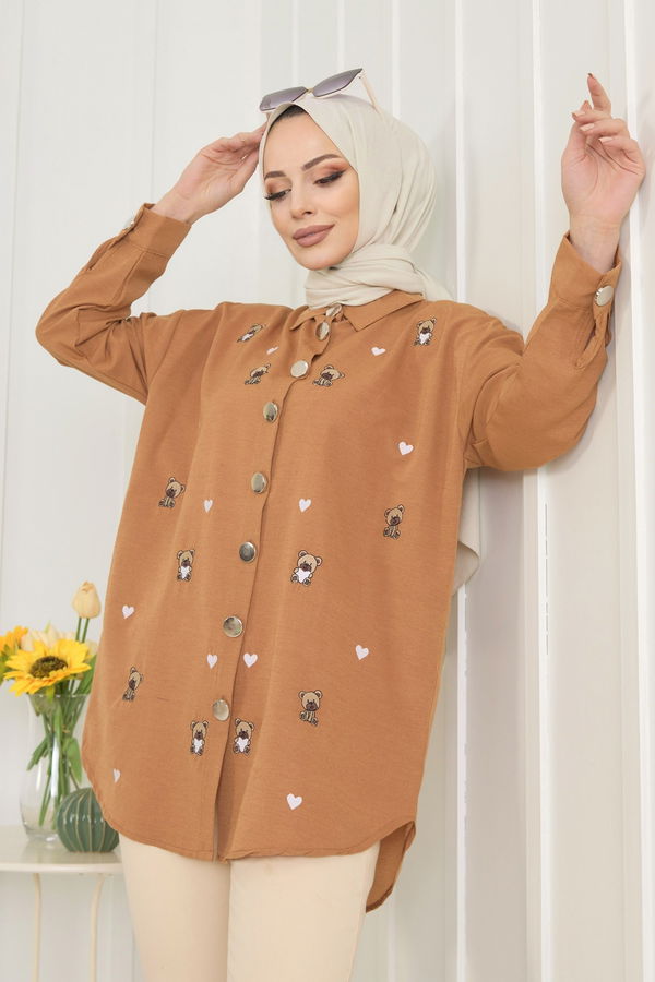 Düz Gömlek Yaka Kadın Taba Gömlek - 11578