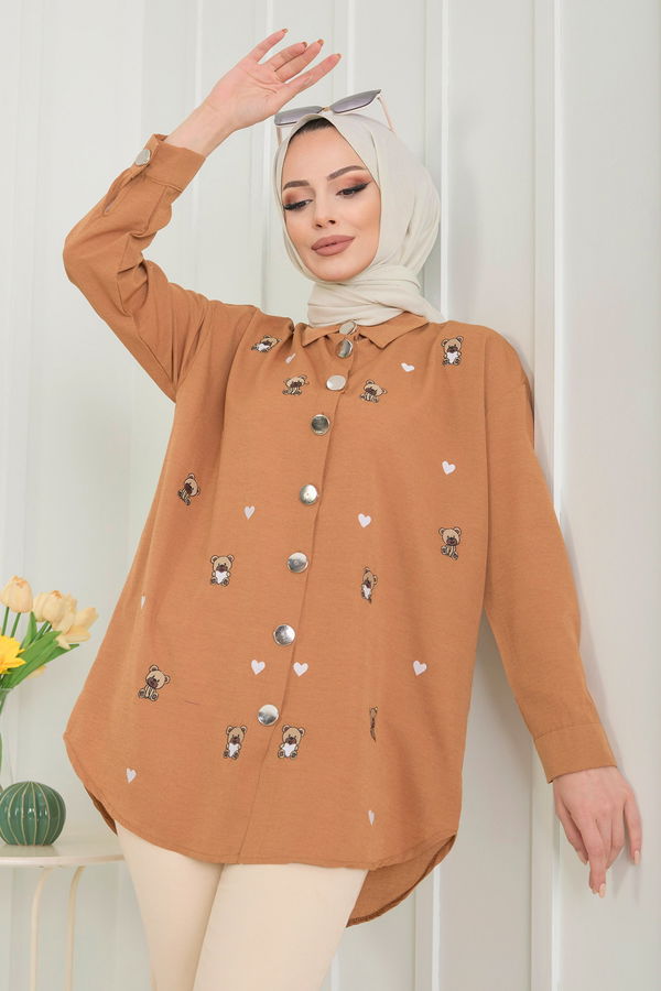Düz Gömlek Yaka Kadın Taba Gömlek - 11578