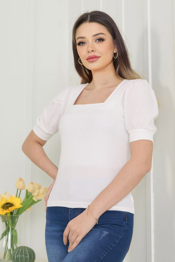 Düz Bisiklet Yaka Kadın Beyaz Bluz - 22524