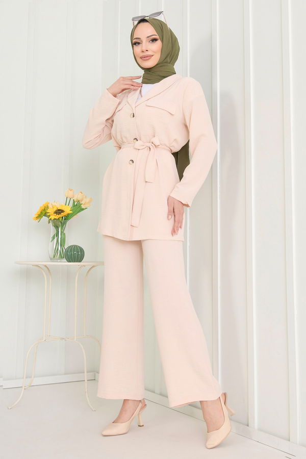 Düz Gömlek Yaka Kadın Bej Tunik+Pantolon - 22544