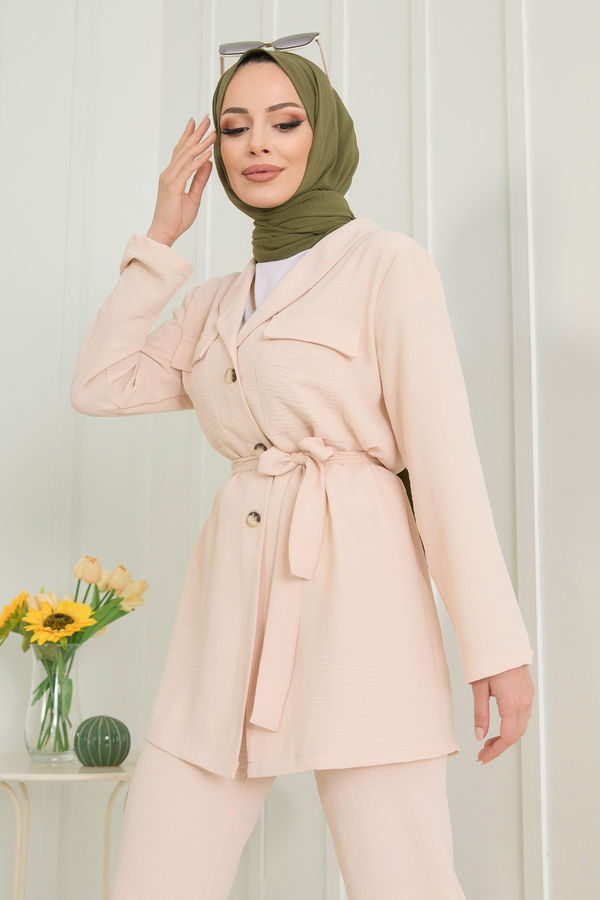 Düz Gömlek Yaka Kadın Bej Tunik+Pantolon - 22544
