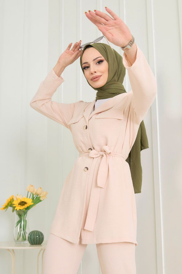 Düz Gömlek Yaka Kadın Bej Tunik+Pantolon - 22544