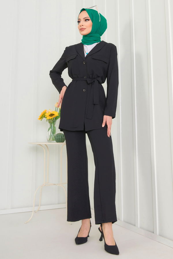 Düz Gömlek Yaka Kadın Siyah Tunik+Pantolon - 22544
