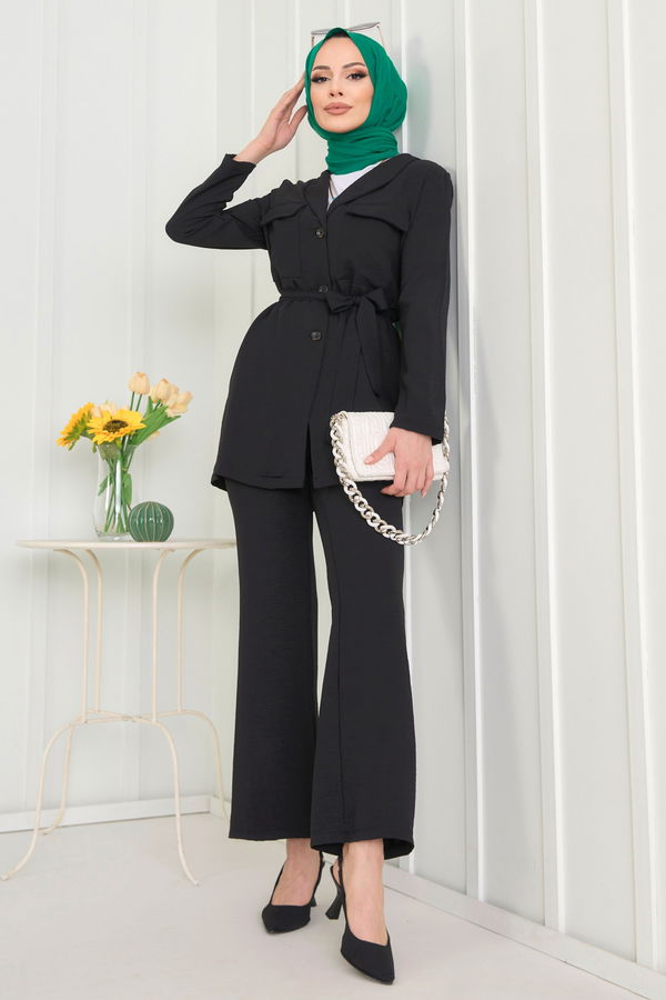 Düz Gömlek Yaka Kadın Siyah Tunik+Pantolon - 22544