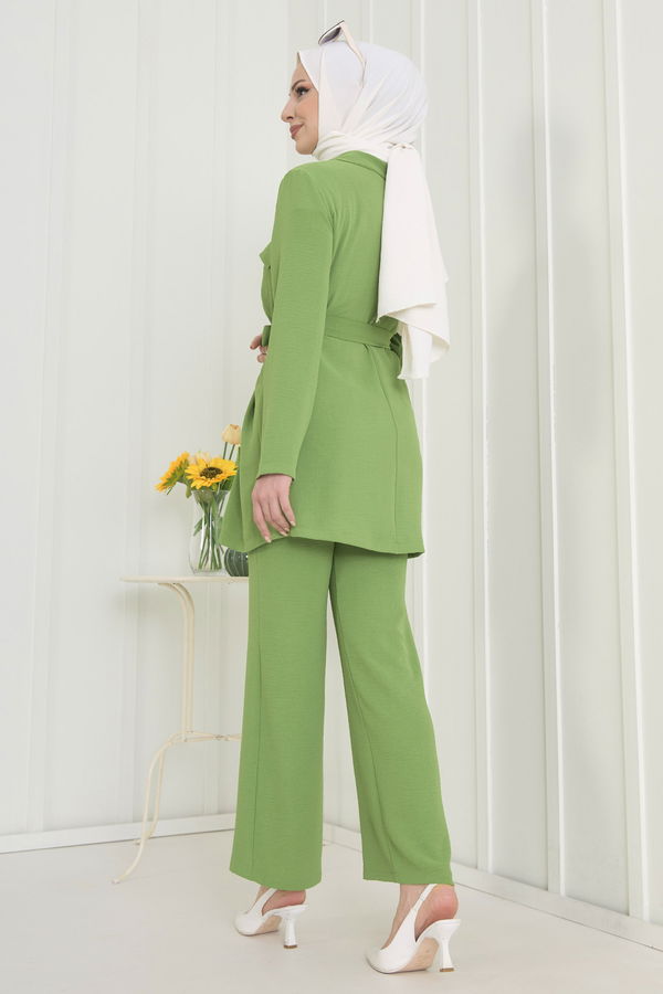 Düz Gömlek Yaka Kadın Yeşil Tunik+Pantolon - 22544