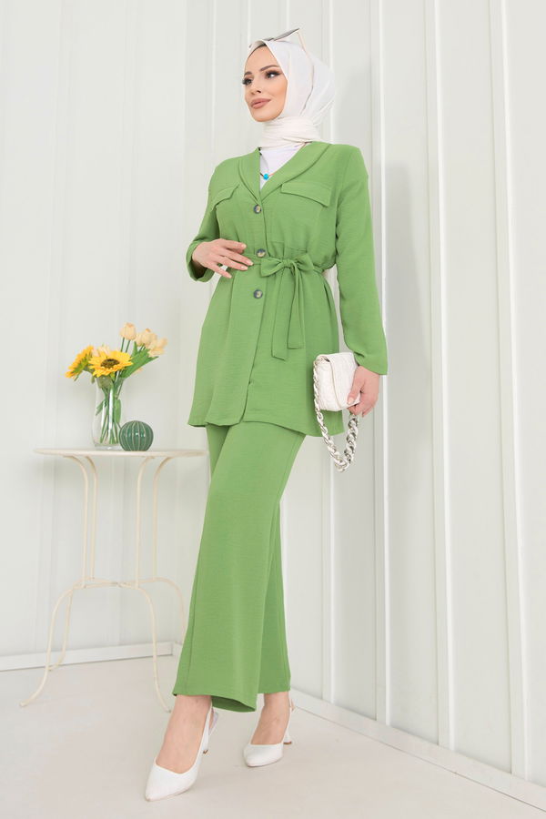 Düz Gömlek Yaka Kadın Yeşil Tunik+Pantolon - 22544