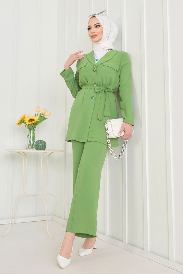 Düz Gömlek Yaka Kadın Yeşil Tunik+Pantolon - 22544