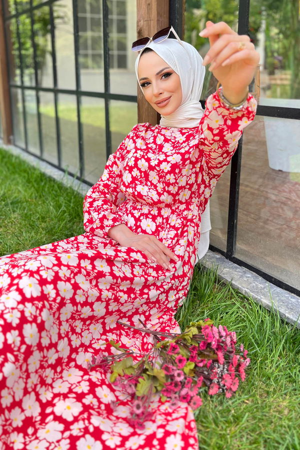 Düz Bisiklet Yaka Kadın Kırmızı Elbise - 11559