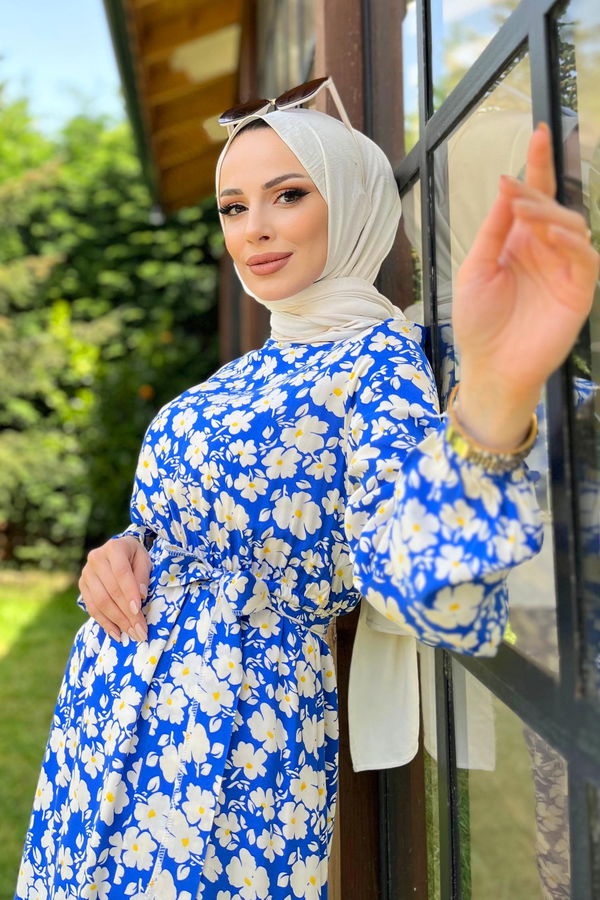 Düz Bisiklet Yaka Kadın Mavi Elbise - 11559