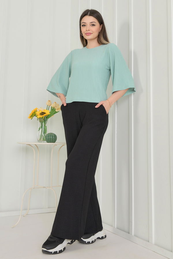 Düz Bisiklet Yaka Kadın Yeşil Bluz+Pantolon - 22340 YEŞİL