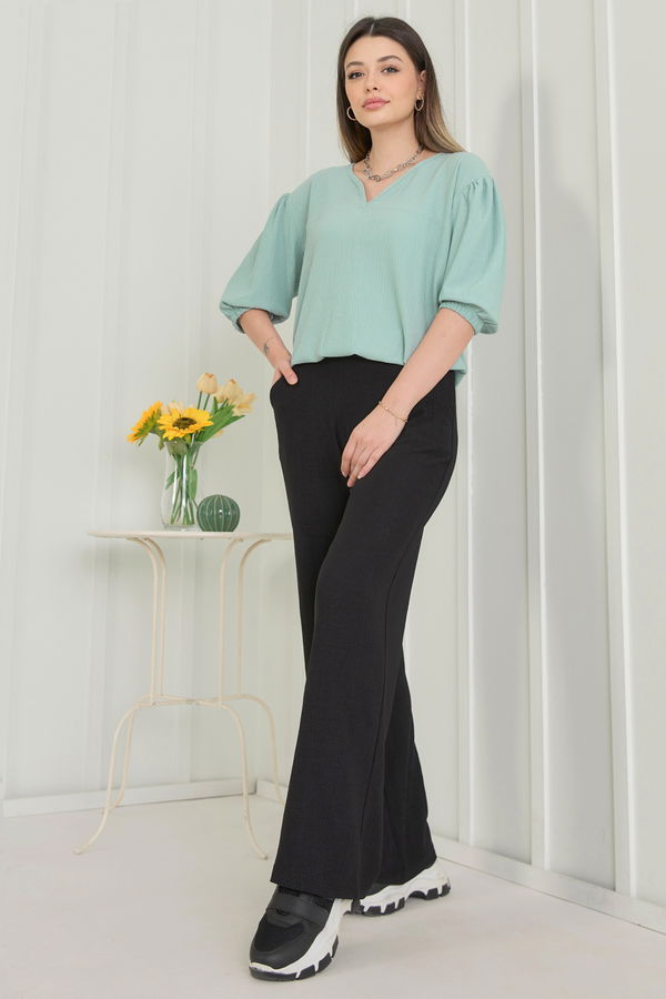 Düz Kruvaze Yaka Kadın Yeşil Bluz+Pantolon - 22337 YEŞİL