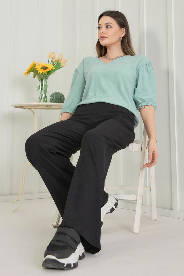 Düz Kruvaze Yaka Kadın Yeşil Bluz+Pantolon - 22337 YEŞİL