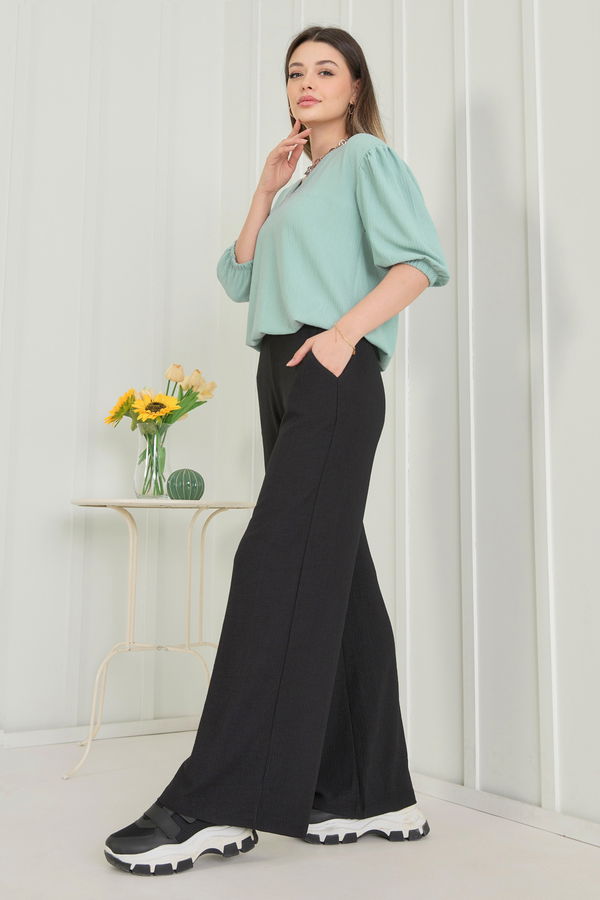 Düz Kruvaze Yaka Kadın Yeşil Bluz+Pantolon - 22337 YEŞİL