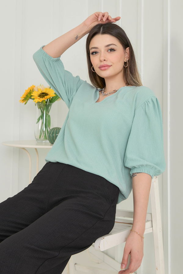 Düz Kruvaze Yaka Kadın Yeşil Bluz+Pantolon - 22337 YEŞİL