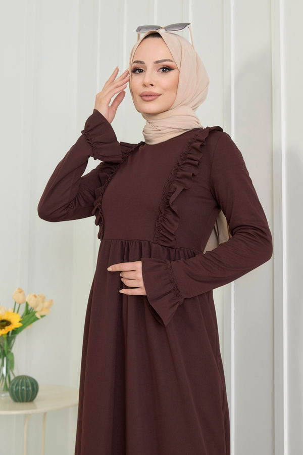 Düz Bisiklet Yaka Kadın Kahverengi Elbise - 22557