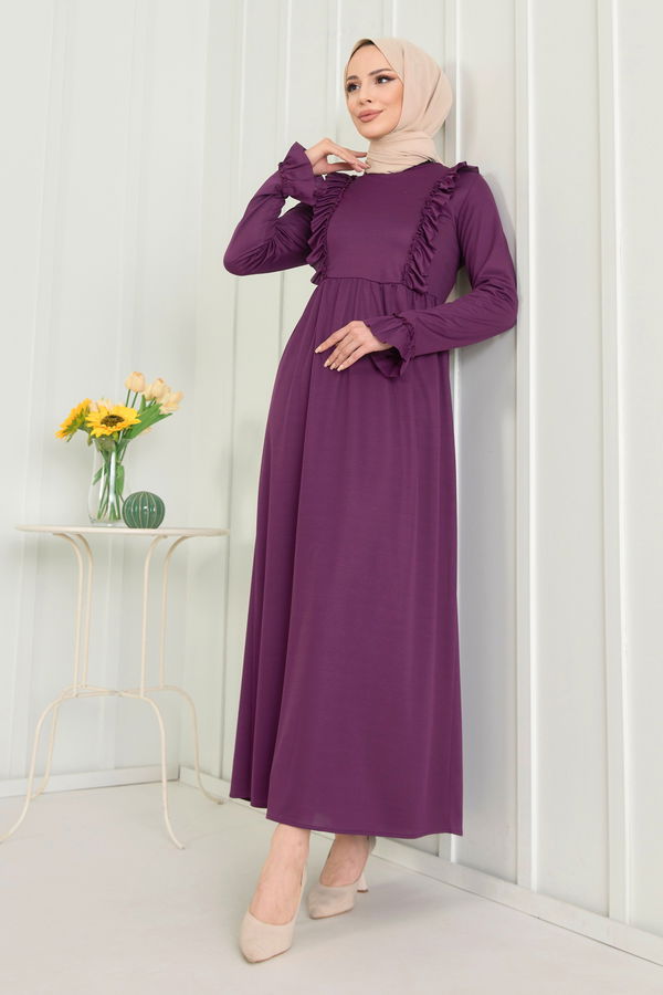 Düz Bisiklet Yaka Kadın Mor Elbise - 22557