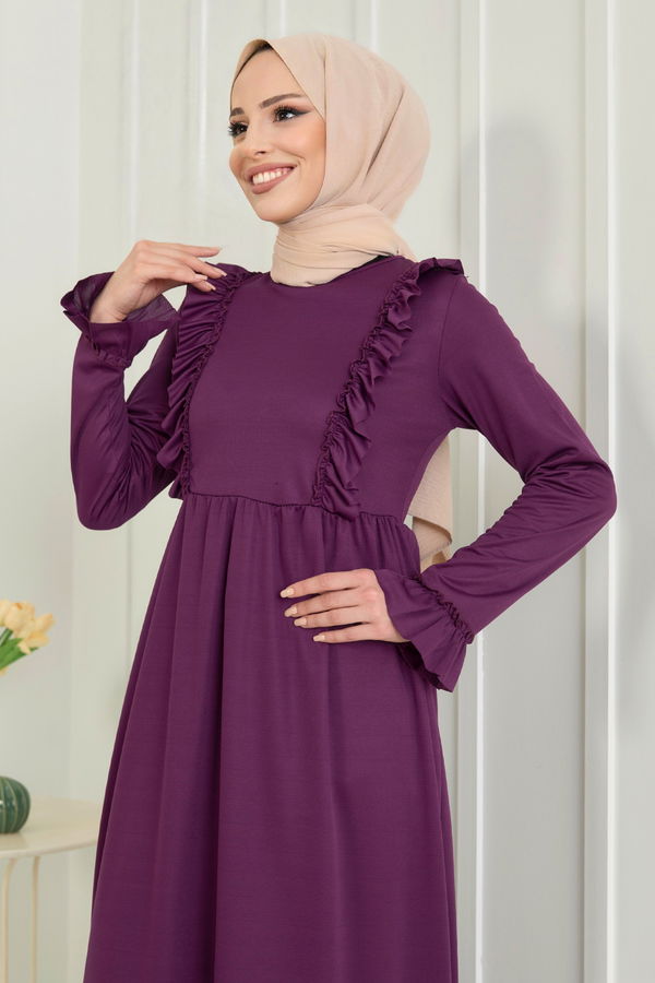 Düz Bisiklet Yaka Kadın Mor Elbise - 22557