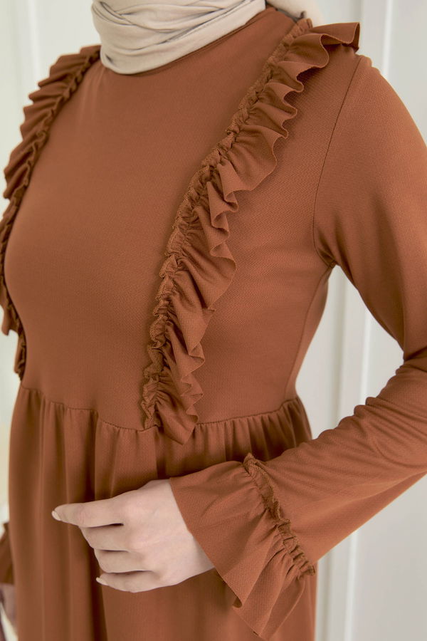 Düz Bisiklet Yaka Kadın Taba Elbise - 22557