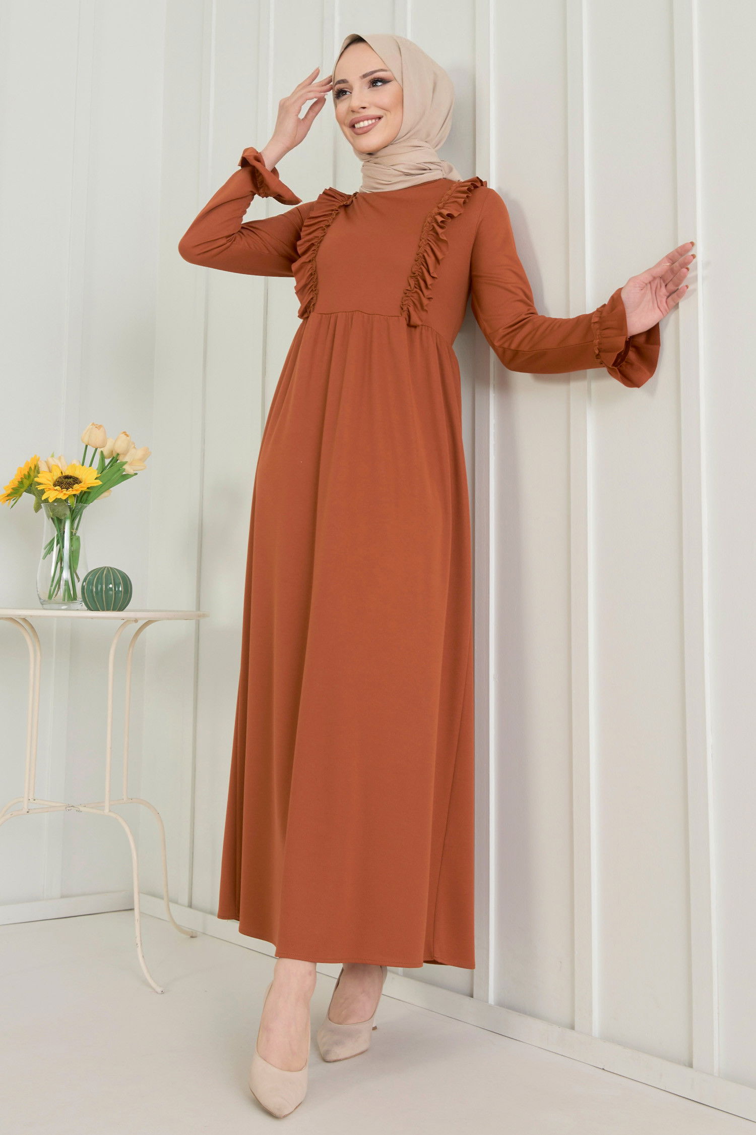Düz Bisiklet Yaka Kadın Taba Elbise - 22557