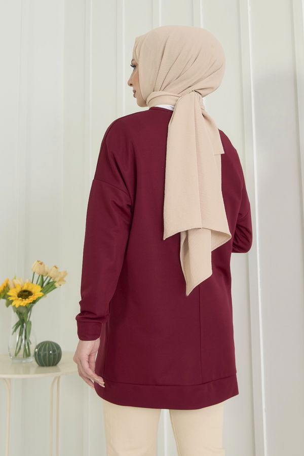 Düz Bisiklet Yaka Kadın Bordo Tunik - 11522
