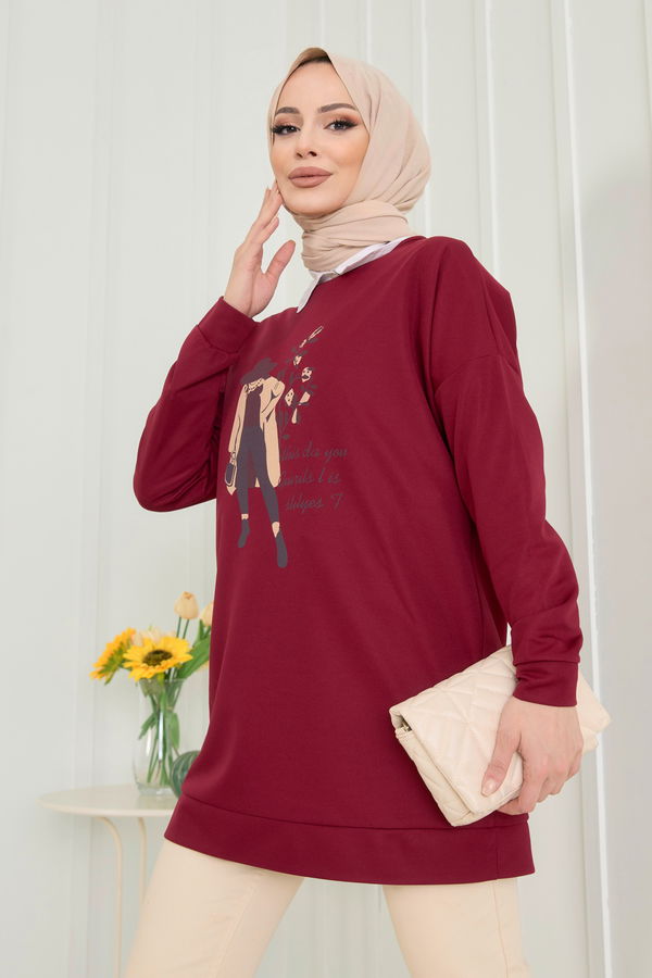Düz Bisiklet Yaka Kadın Bordo Tunik - 11522