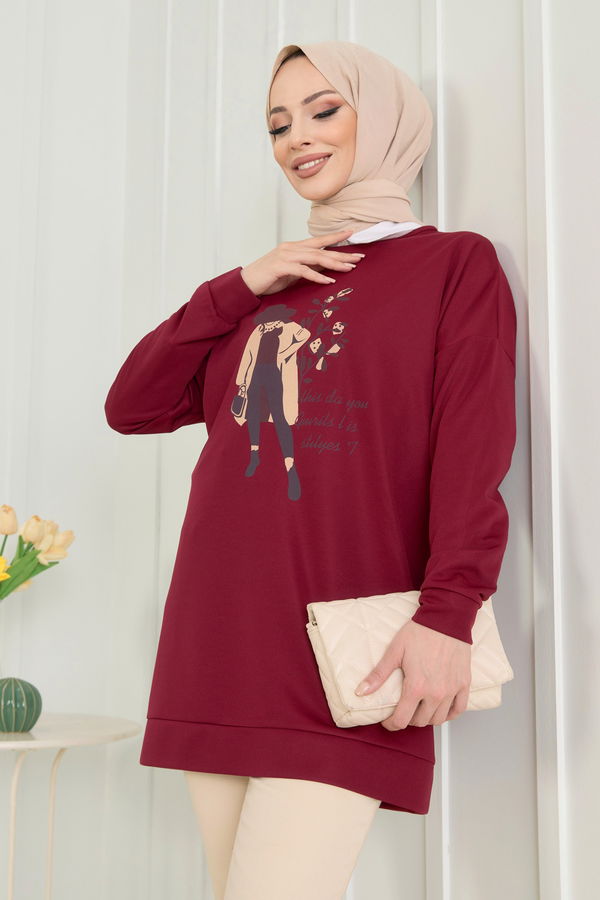 Düz Bisiklet Yaka Kadın Bordo Tunik - 11522