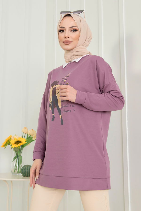 Düz Bisiklet Yaka Kadın Lila Tunik - 11522
