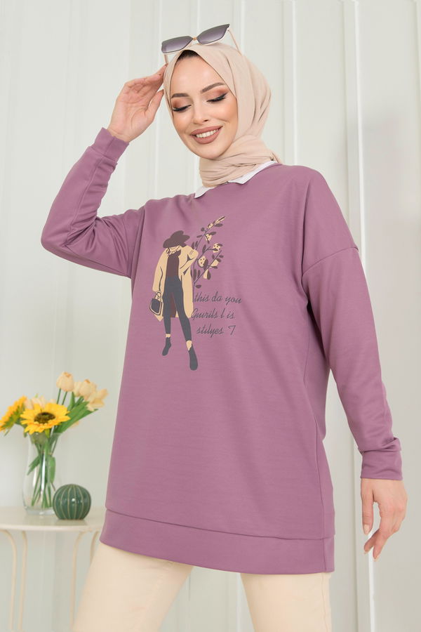 Düz Bisiklet Yaka Kadın Lila Tunik - 11522