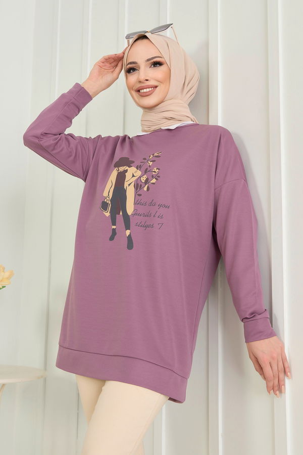 Düz Bisiklet Yaka Kadın Lila Tunik - 11522