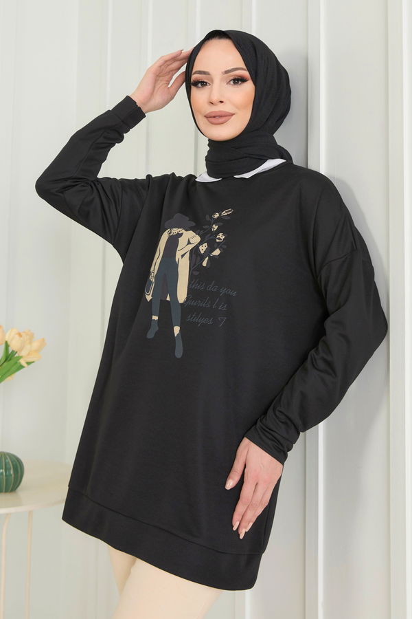 Düz Bisiklet Yaka Kadın Siyah Tunik - 11522