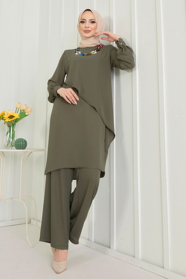 Düz Bisiklet Yaka Kadın Haki Tunik+Pantolon - 11619