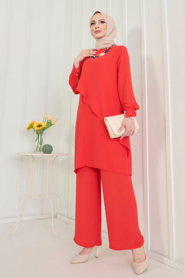 Düz Bisiklet Yaka Kadın Kırmızı Tunik+Pantolon - 11619