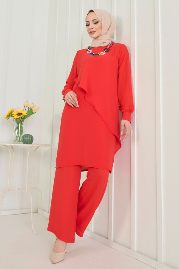Düz Bisiklet Yaka Kadın Kırmızı Tunik+Pantolon - 11619