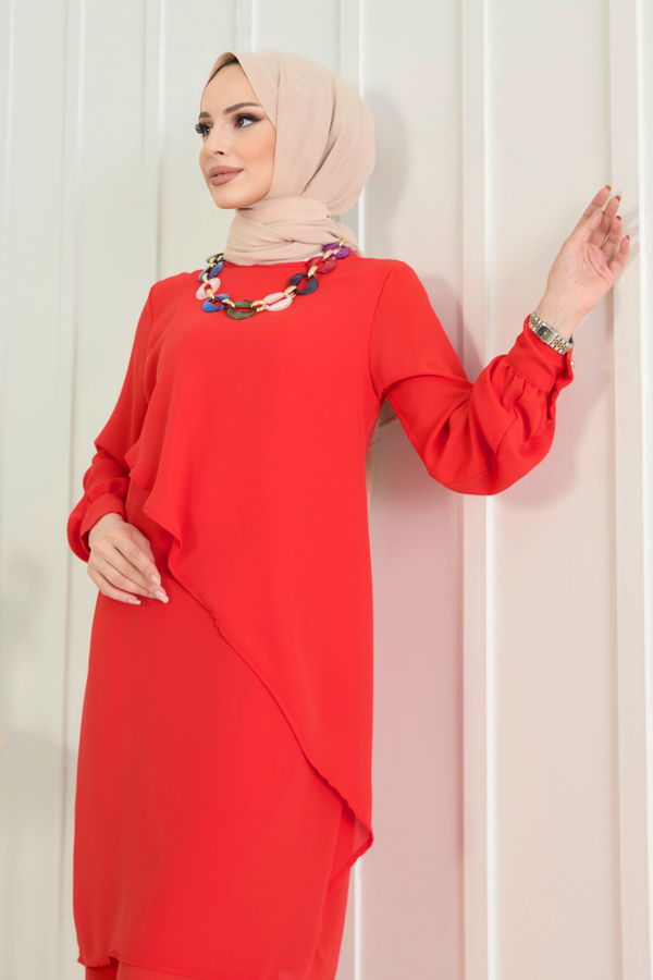 Düz Bisiklet Yaka Kadın Kırmızı Tunik+Pantolon - 11619