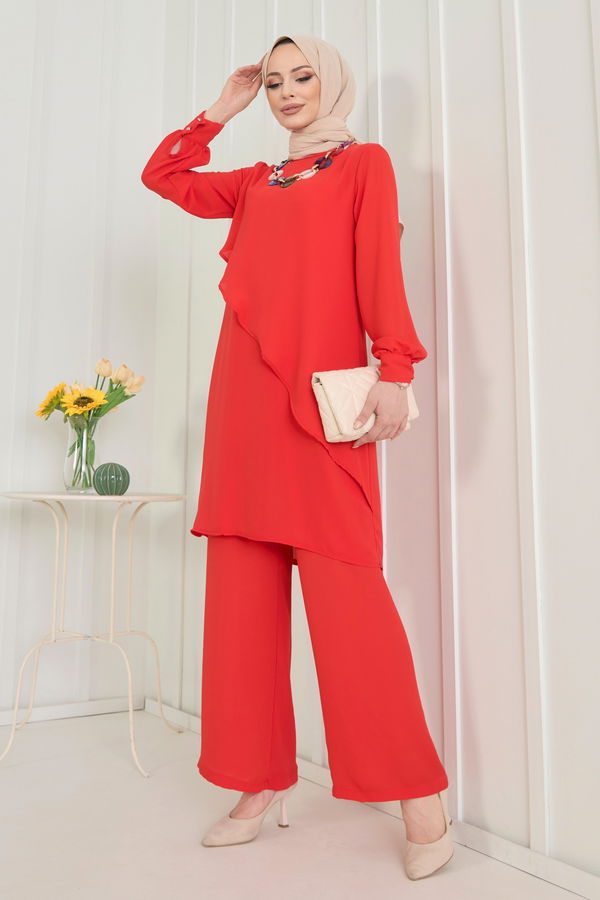Düz Bisiklet Yaka Kadın Kırmızı Tunik+Pantolon - 11619