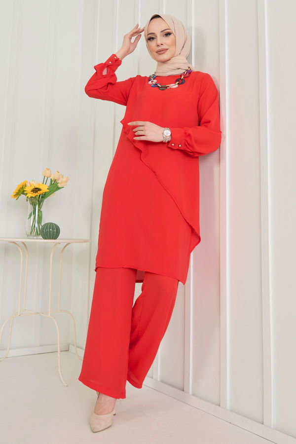 Düz Bisiklet Yaka Kadın Kırmızı Tunik+Pantolon - 11619