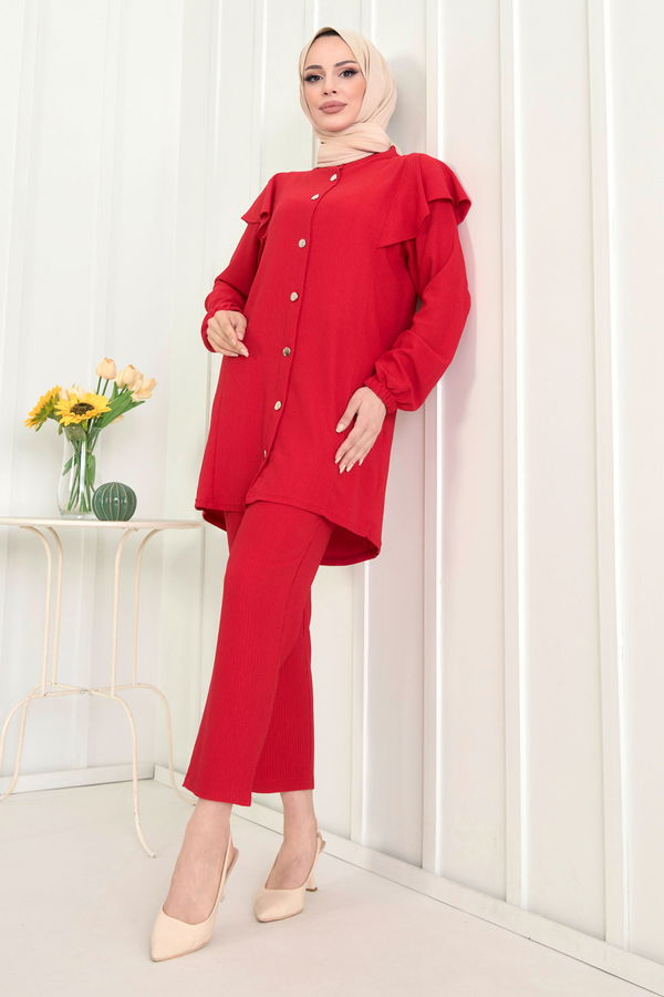 Düz Hakim Yaka Kadın Kırmızı Tunik+Pantolon - 11529