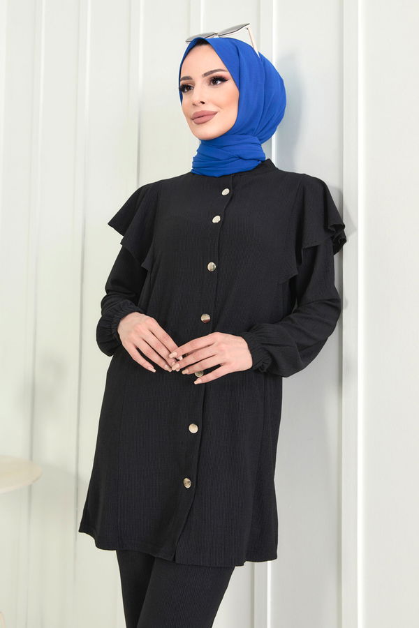 Düz Hakim Yaka Kadın Siyah Tunik+Pantolon - 11529