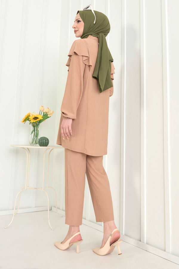 Düz Hakim Yaka Kadın Vizon Tunik+Pantolon - 11529