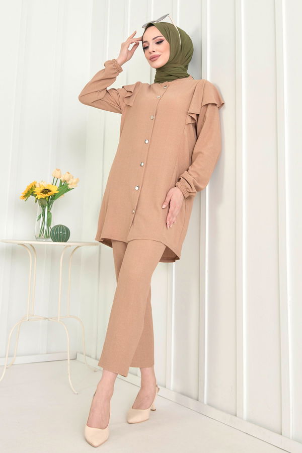 Düz Hakim Yaka Kadın Vizon Tunik+Pantolon - 11529