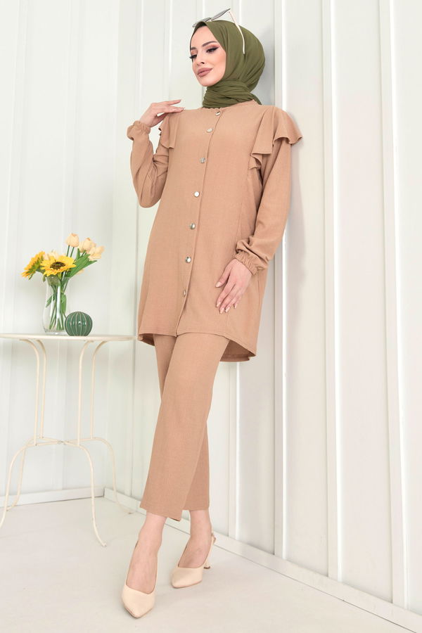 Düz Hakim Yaka Kadın Vizon Tunik+Pantolon - 11529